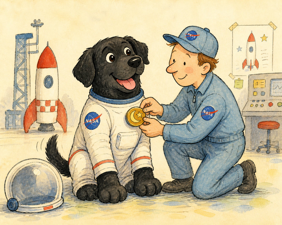 Max the black lab being fitted for his first mission to the Moon